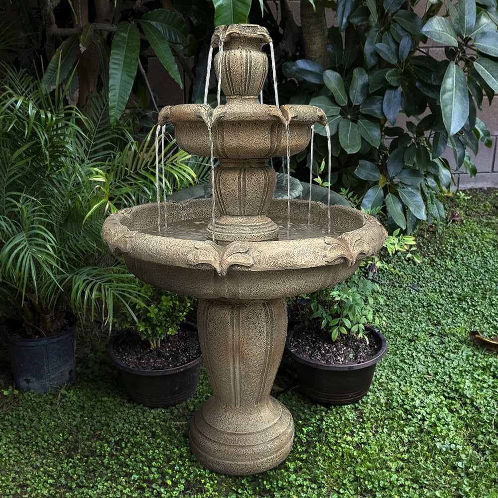 Indoor/Outdoor 3 - Tiers Concrete Floor Water Fountain with Electric Pump for Patio Lawn Home Decor
