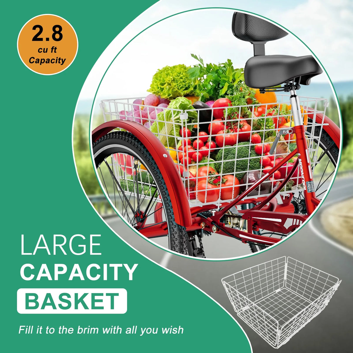 MOONCOOL Adult Tricycles with Rear Basket & Inflator, 24 26 in 7 Speed 3 Wheel Bikes, Three - Wheeled Bicycles Adult Trike with Backrest for Seniors, Women, Men