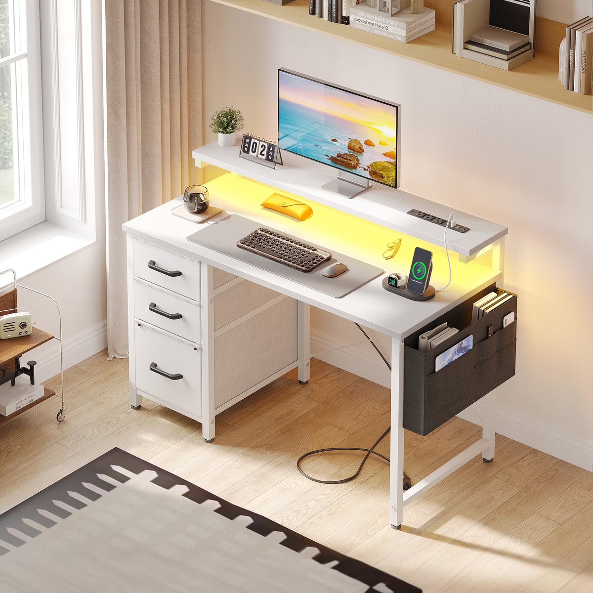 40 in Computer Desk with Power Outlets & LED Lights, Home Office Desk with 3 Drawers & Adjustable Monitor Shelf, , Writing Desk with Storage Bag, Vintage