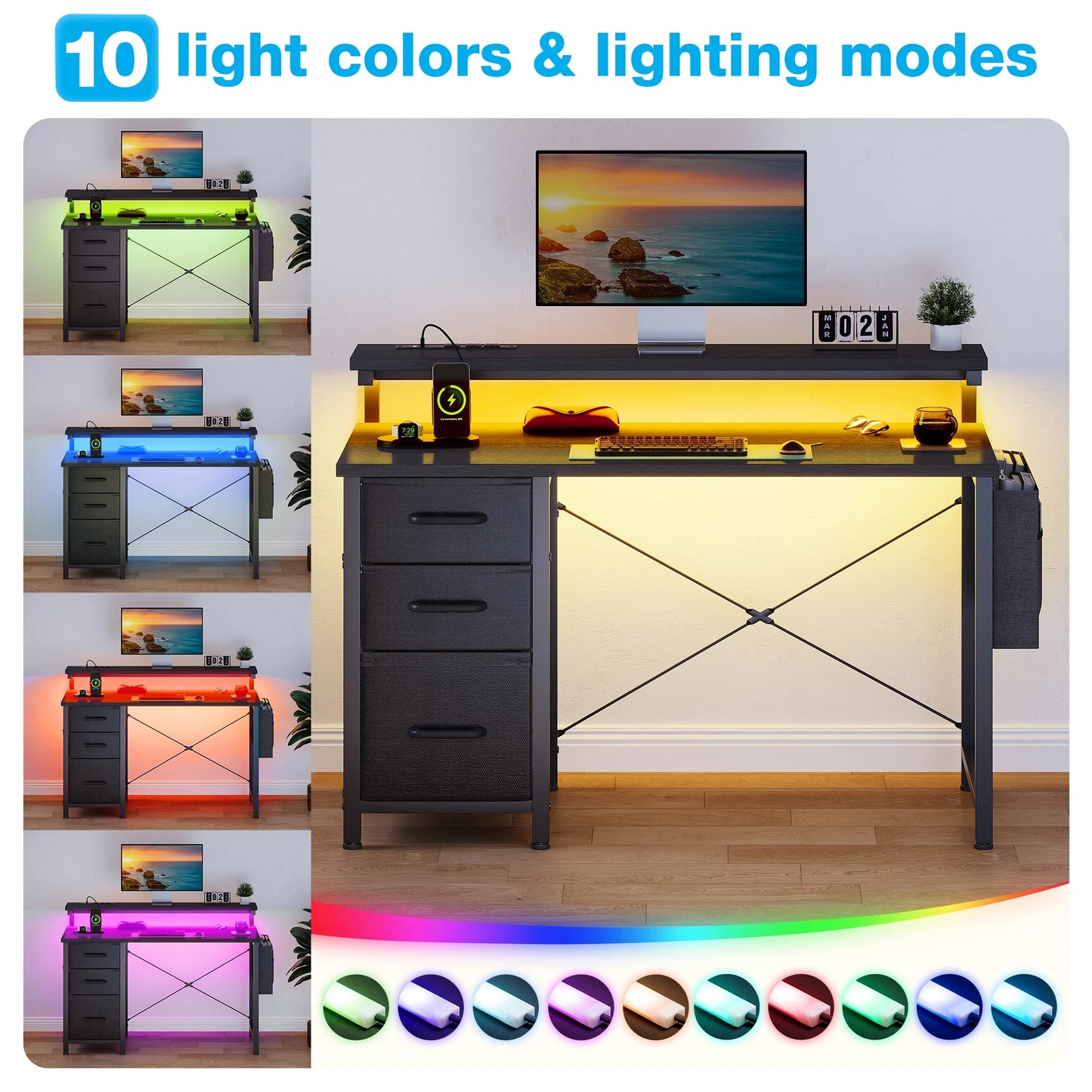 40 in Computer Desk with Power Outlets & LED Lights, Home Office Desk with 3 Drawers & Adjustable Monitor Shelf, , Writing Desk with Storage Bag, Vintage