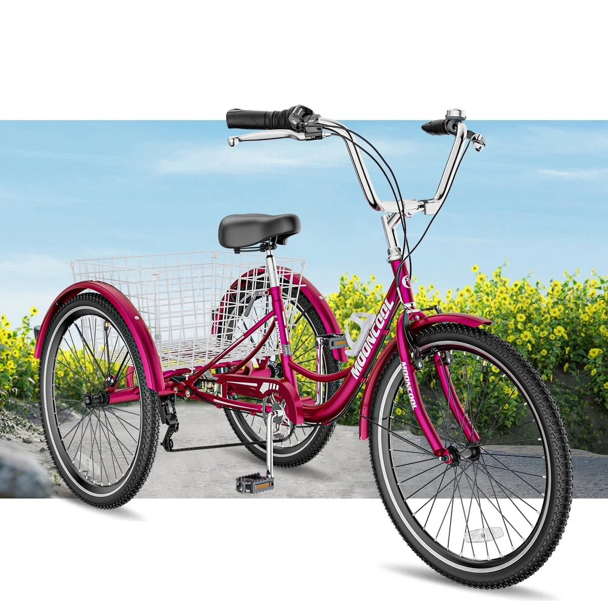 MOONCOOL Adult Tricycles with Rear Basket & Inflator, 24 26 in 7 Speed 3 Wheel Bikes, Three - Wheeled Bicycles Adult Trike with Backrest for Seniors, Women, Men