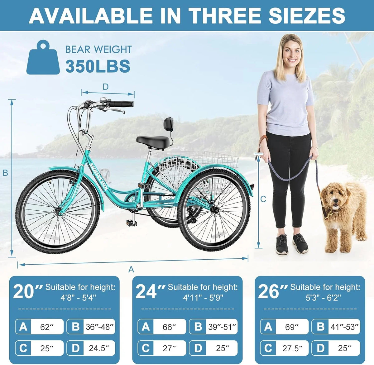 MOONCOOL Adult Tricycles with Rear Basket & Inflator, 24 26 in 7 Speed 3 Wheel Bikes, Three - Wheeled Bicycles Adult Trike with Backrest for Seniors, Women, Men