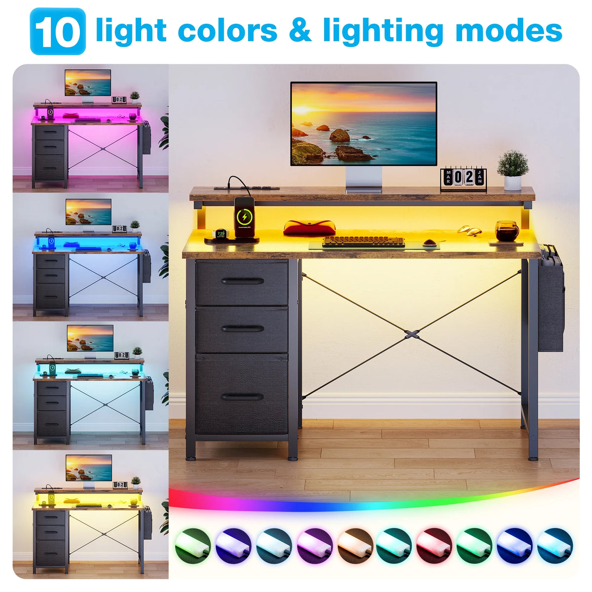 40 in Computer Desk with Power Outlets & LED Lights, Home Office Desk with 3 Drawers & Adjustable Monitor Shelf, , Writing Desk with Storage Bag, Vintage