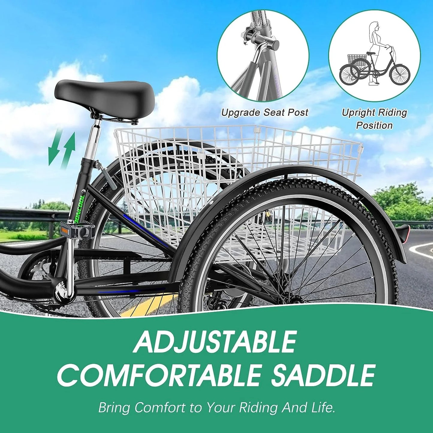 MOONCOOL Adult Tricycles with Rear Basket & Inflator, 24 26 in 7 Speed 3 Wheel Bikes, Three - Wheeled Bicycles Adult Trike with Backrest for Seniors, Women, Men