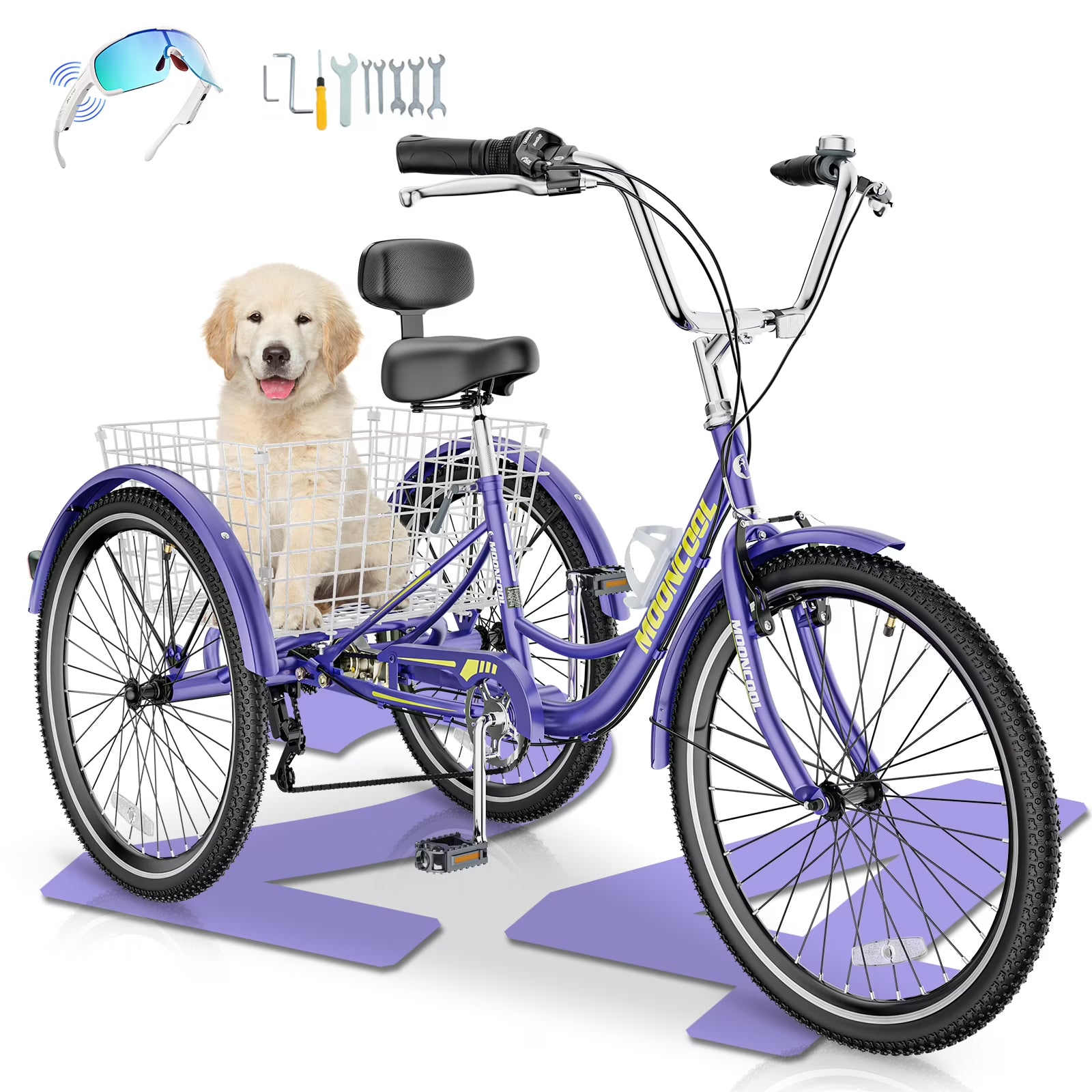 MOONCOOL Adult Tricycles with Rear Basket & Inflator, 24 26 in 7 Speed 3 Wheel Bikes, Three - Wheeled Bicycles Adult Trike with Backrest for Seniors, Women, Men