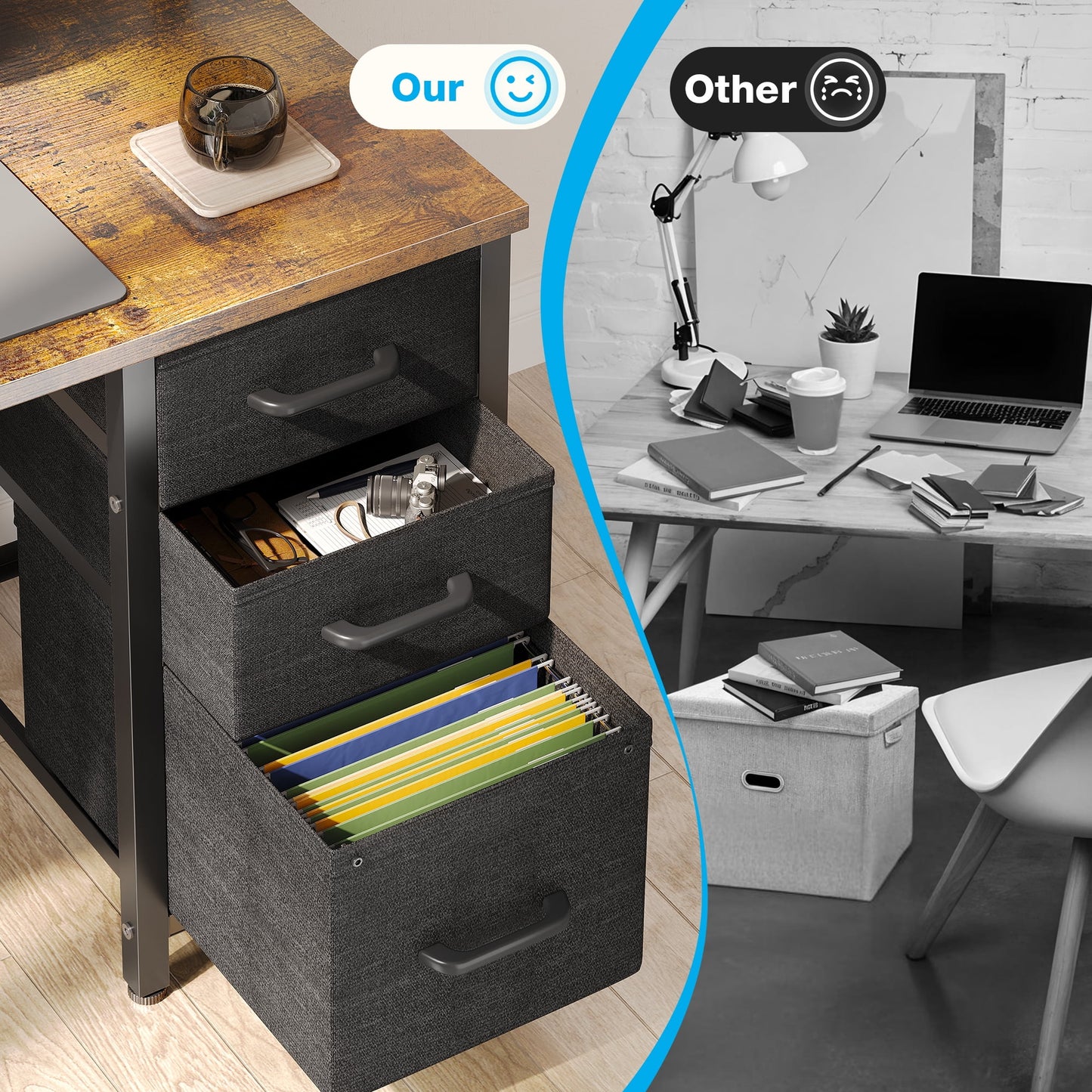40 in Computer Desk with Power Outlets & LED Lights, Home Office Desk with 3 Drawers & Adjustable Monitor Shelf, , Writing Desk with Storage Bag, Vintage