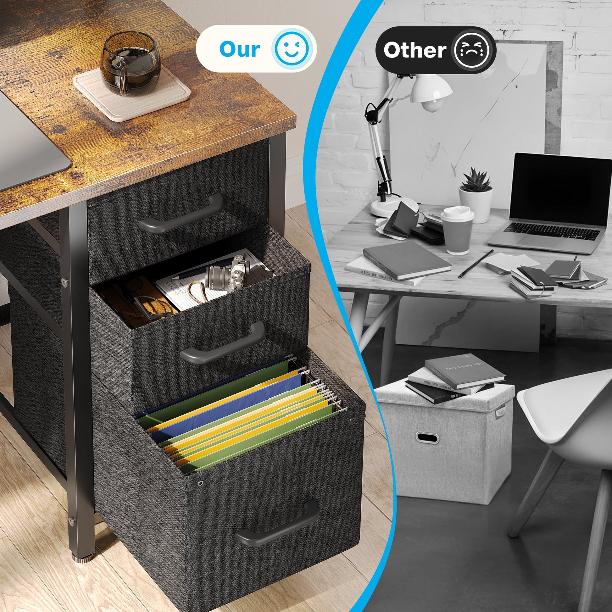 40 in Computer Desk with Power Outlets & LED Lights, Home Office Desk with 3 Drawers & Adjustable Monitor Shelf, , Writing Desk with Storage Bag, Vintage
