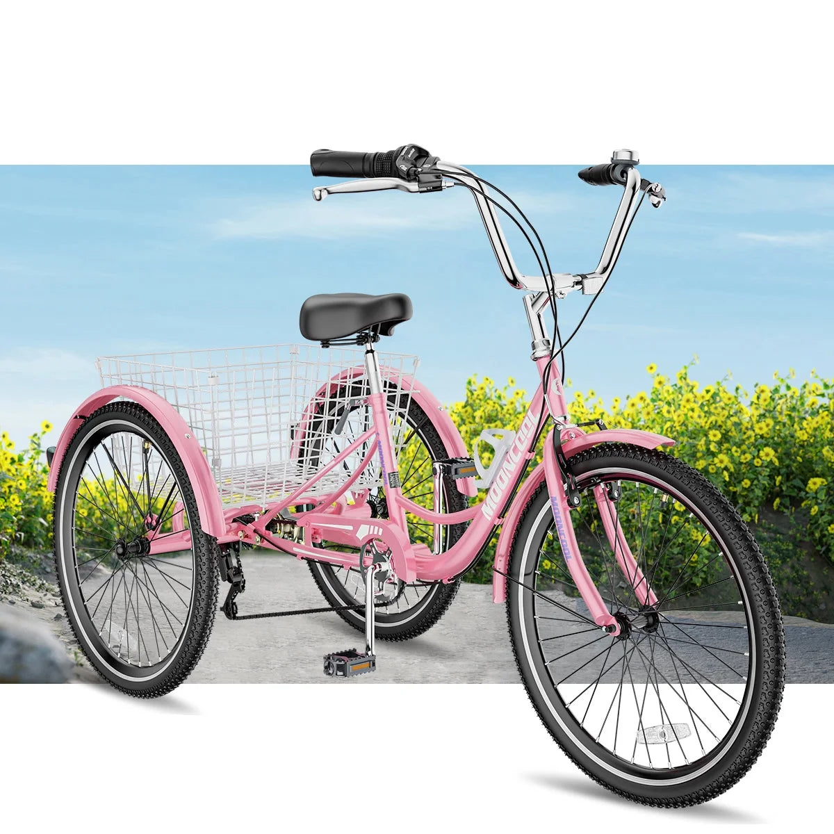 MOONCOOL Adult Tricycles with Rear Basket & Inflator, 24 26 in 7 Speed 3 Wheel Bikes, Three - Wheeled Bicycles Adult Trike with Backrest for Seniors, Women, Men