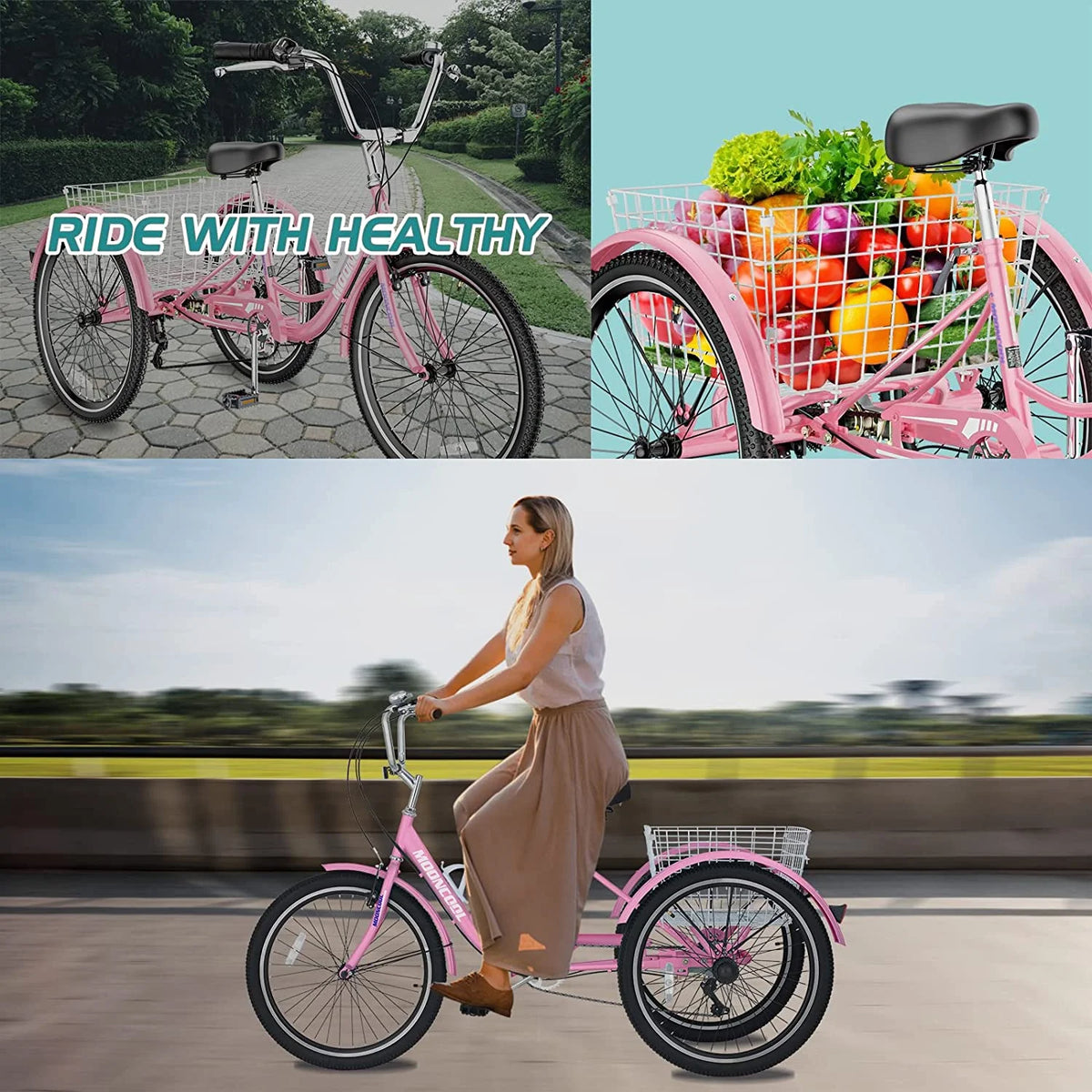 MOONCOOL Adult Tricycles with Rear Basket & Inflator, 24 26 in 7 Speed 3 Wheel Bikes, Three - Wheeled Bicycles Adult Trike with Backrest for Seniors, Women, Men