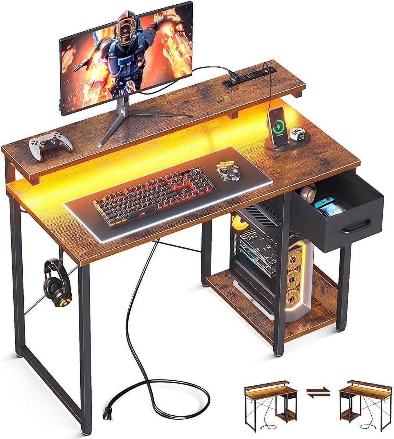40 in Computer Desk with Power Outlets & LED Lights, Home Office Desk with 3 Drawers & Adjustable Monitor Shelf, , Writing Desk with Storage Bag, Vintage