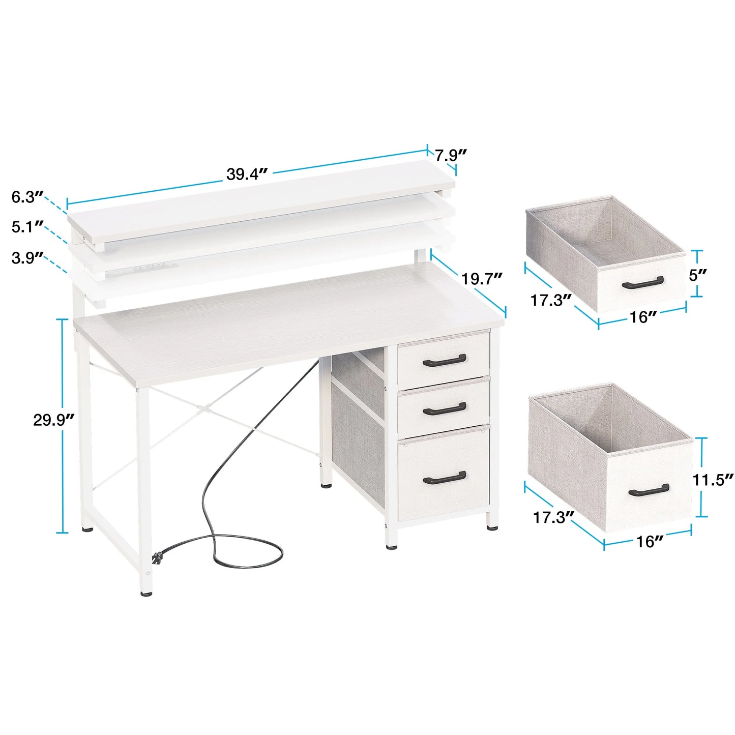 40 in Computer Desk with Power Outlets & LED Lights, Home Office Desk with 3 Drawers & Adjustable Monitor Shelf, , Writing Desk with Storage Bag, Vintage