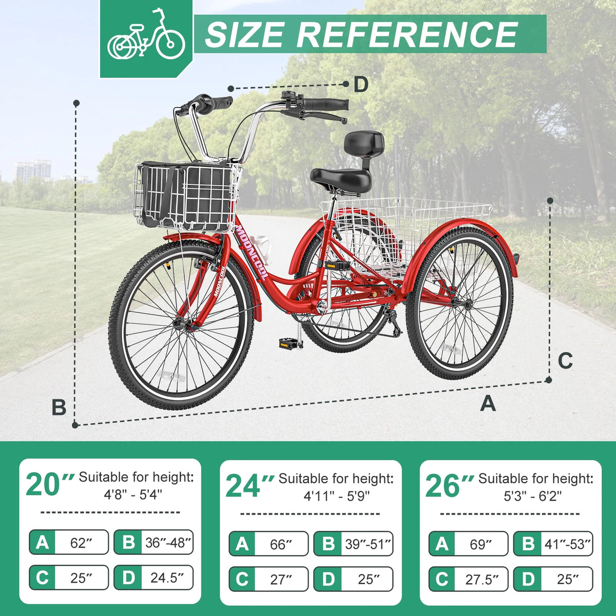 MOONCOOL Adult Tricycles with Rear Basket & Inflator, 24 26 in 7 Speed 3 Wheel Bikes, Three - Wheeled Bicycles Adult Trike with Backrest for Seniors, Women, Men