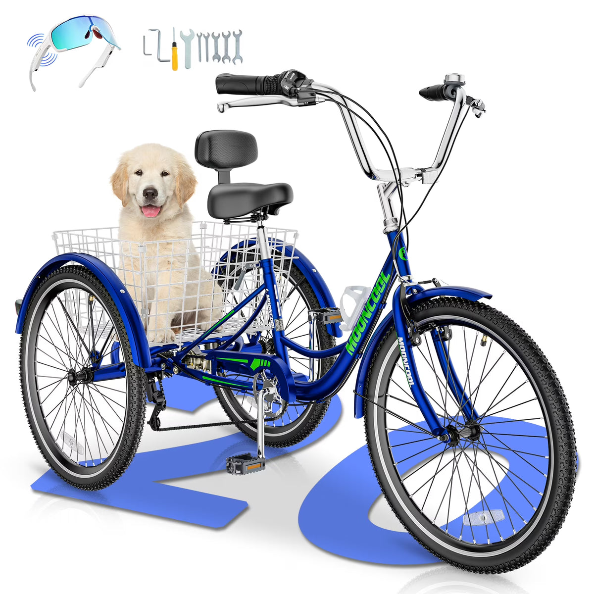 MOONCOOL Adult Tricycles with Rear Basket & Inflator, 24 26 in 7 Speed 3 Wheel Bikes, Three - Wheeled Bicycles Adult Trike with Backrest for Seniors, Women, Men