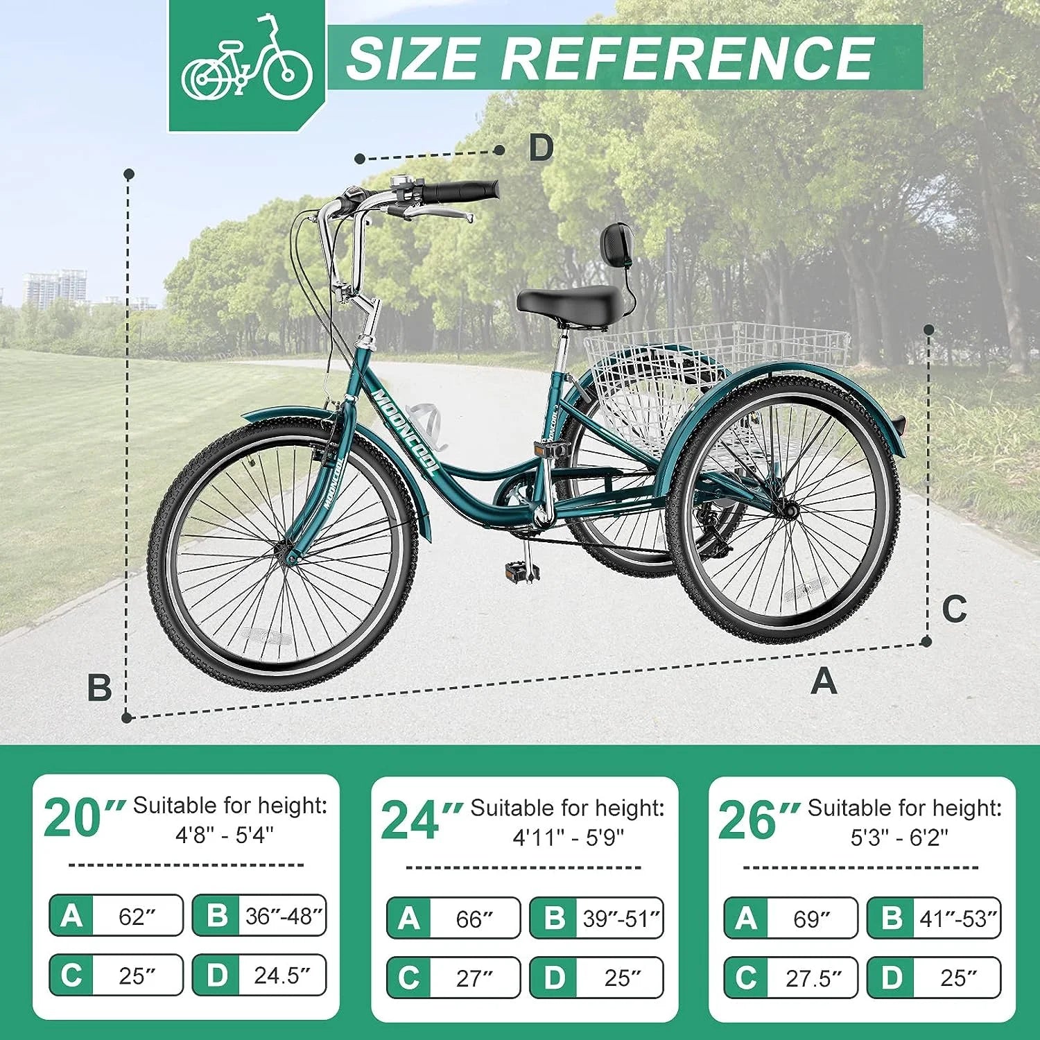 MOONCOOL Adult Tricycles with Rear Basket & Inflator, 24 26 in 7 Speed 3 Wheel Bikes, Three - Wheeled Bicycles Adult Trike with Backrest for Seniors, Women, Men