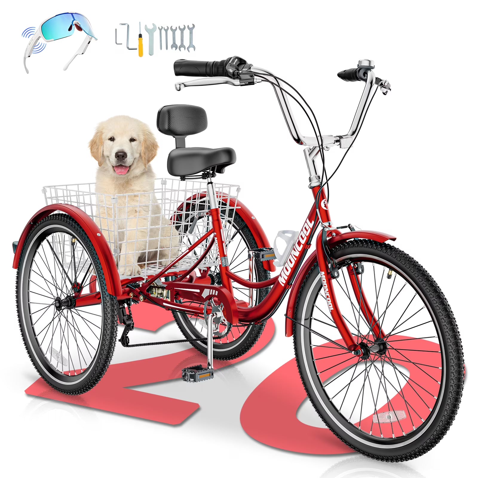 MOONCOOL Adult Tricycles with Rear Basket & Inflator, 24 26 in 7 Speed 3 Wheel Bikes, Three - Wheeled Bicycles Adult Trike with Backrest for Seniors, Women, Men