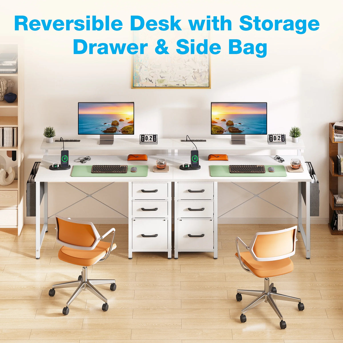 40 in Computer Desk with Power Outlets & LED Lights, Home Office Desk with 3 Drawers & Adjustable Monitor Shelf, , Writing Desk with Storage Bag, Vintage