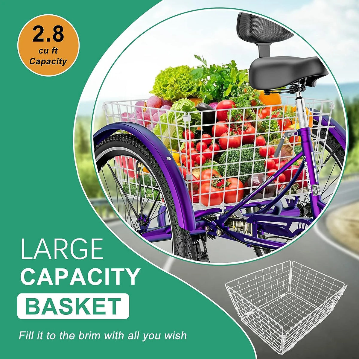 MOONCOOL Adult Tricycles with Rear Basket & Inflator, 24 26 in 7 Speed 3 Wheel Bikes, Three - Wheeled Bicycles Adult Trike with Backrest for Seniors, Women, Men