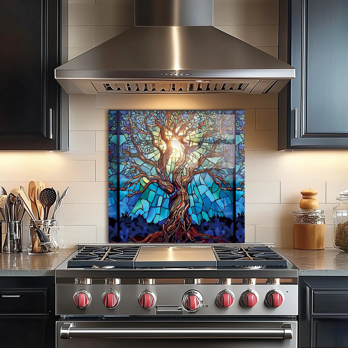 Mosaic Tree of Life Tempered Glass Backsplash for Kitchen Behind Stove, Stove Back Top Cover, Easy to Clean Glass Splashback, Sink Cover Splash Guard, Home Kitchen Wall Decor