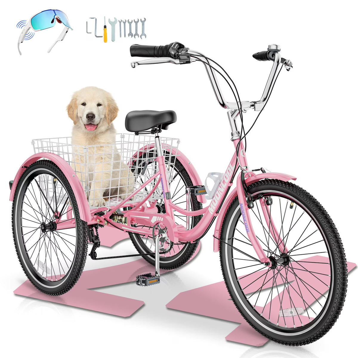 MOONCOOL Adult Tricycles with Rear Basket & Inflator, 24 26 in 7 Speed 3 Wheel Bikes, Three - Wheeled Bicycles Adult Trike with Backrest for Seniors, Women, Men
