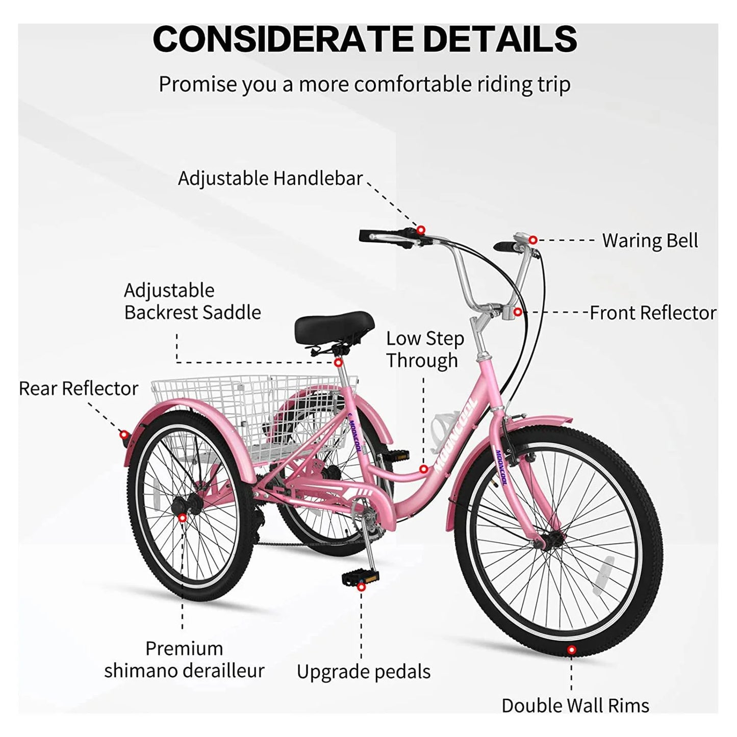 MOONCOOL Adult Tricycles with Rear Basket & Inflator, 24 26 in 7 Speed 3 Wheel Bikes, Three - Wheeled Bicycles Adult Trike with Backrest for Seniors, Women, Men
