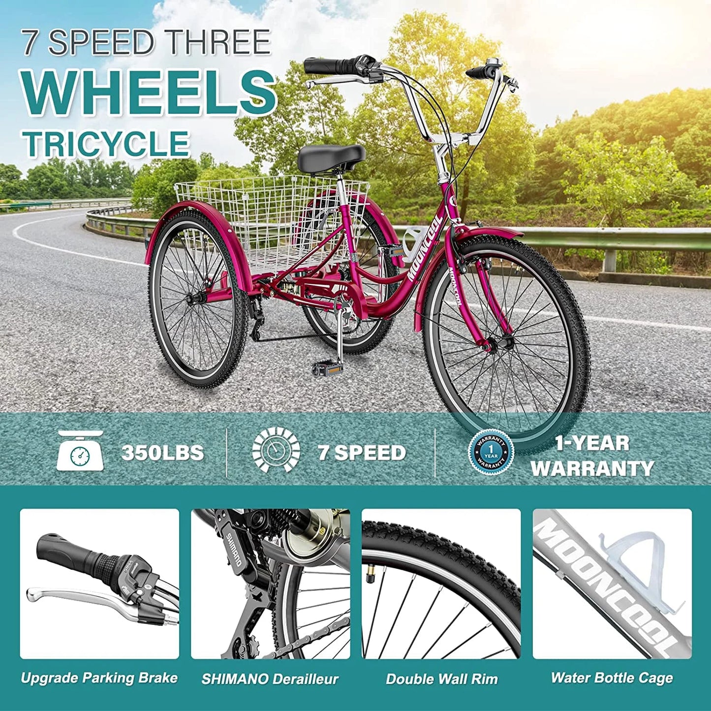 MOONCOOL Adult Tricycles with Rear Basket & Inflator, 24 26 in 7 Speed 3 Wheel Bikes, Three - Wheeled Bicycles Adult Trike with Backrest for Seniors, Women, Men