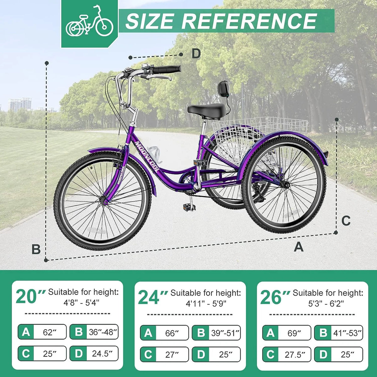 MOONCOOL Adult Tricycles with Rear Basket & Inflator, 24 26 in 7 Speed 3 Wheel Bikes, Three - Wheeled Bicycles Adult Trike with Backrest for Seniors, Women, Men