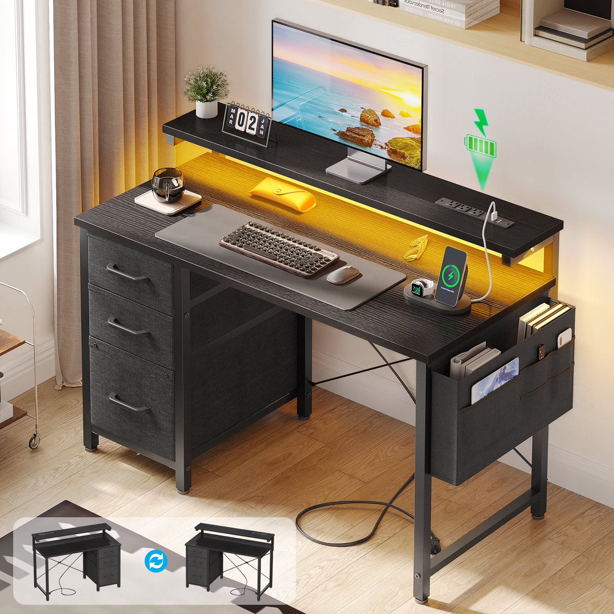 40 in Computer Desk with Power Outlets & LED Lights, Home Office Desk with 3 Drawers & Adjustable Monitor Shelf, , Writing Desk with Storage Bag, Vintage