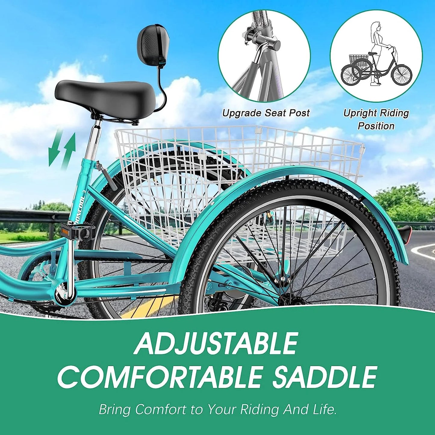 MOONCOOL Adult Tricycles with Rear Basket & Inflator, 24 26 in 7 Speed 3 Wheel Bikes, Three - Wheeled Bicycles Adult Trike with Backrest for Seniors, Women, Men