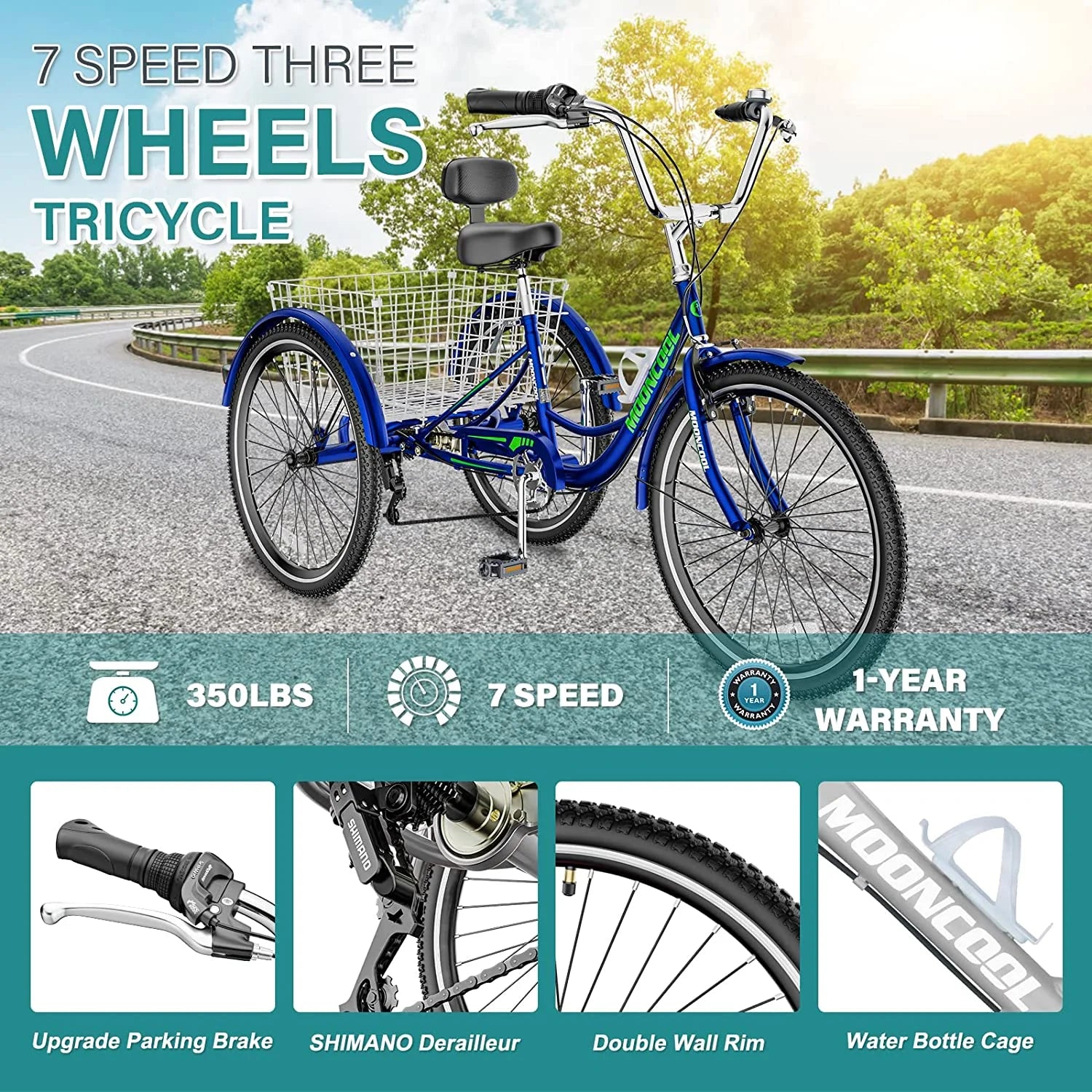 MOONCOOL Adult Tricycles with Rear Basket & Inflator, 24 26 in 7 Speed 3 Wheel Bikes, Three - Wheeled Bicycles Adult Trike with Backrest for Seniors, Women, Men