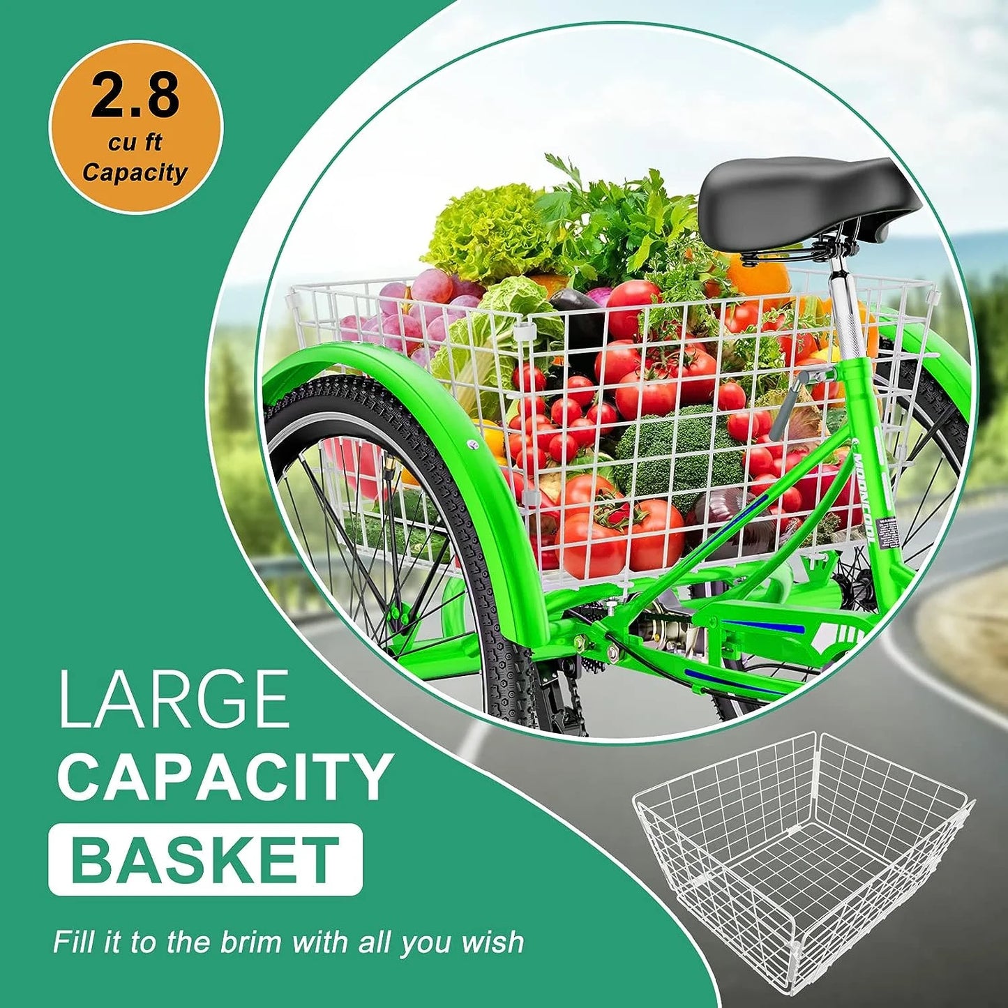 MOONCOOL Adult Tricycles with Rear Basket & Inflator, 24 26 in 7 Speed 3 Wheel Bikes, Three - Wheeled Bicycles Adult Trike with Backrest for Seniors, Women, Men