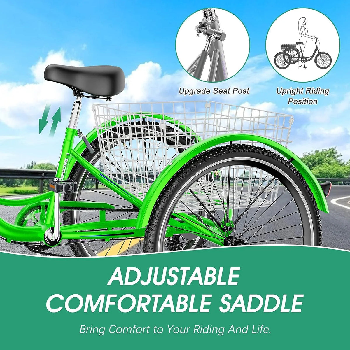 MOONCOOL Adult Tricycles with Rear Basket & Inflator, 24 26 in 7 Speed 3 Wheel Bikes, Three - Wheeled Bicycles Adult Trike with Backrest for Seniors, Women, Men